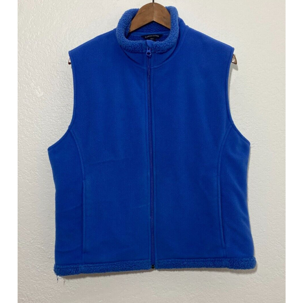 Lands End Size Large Blue Vest Womens Sleeveless Full Zip Fleece Mock Neck